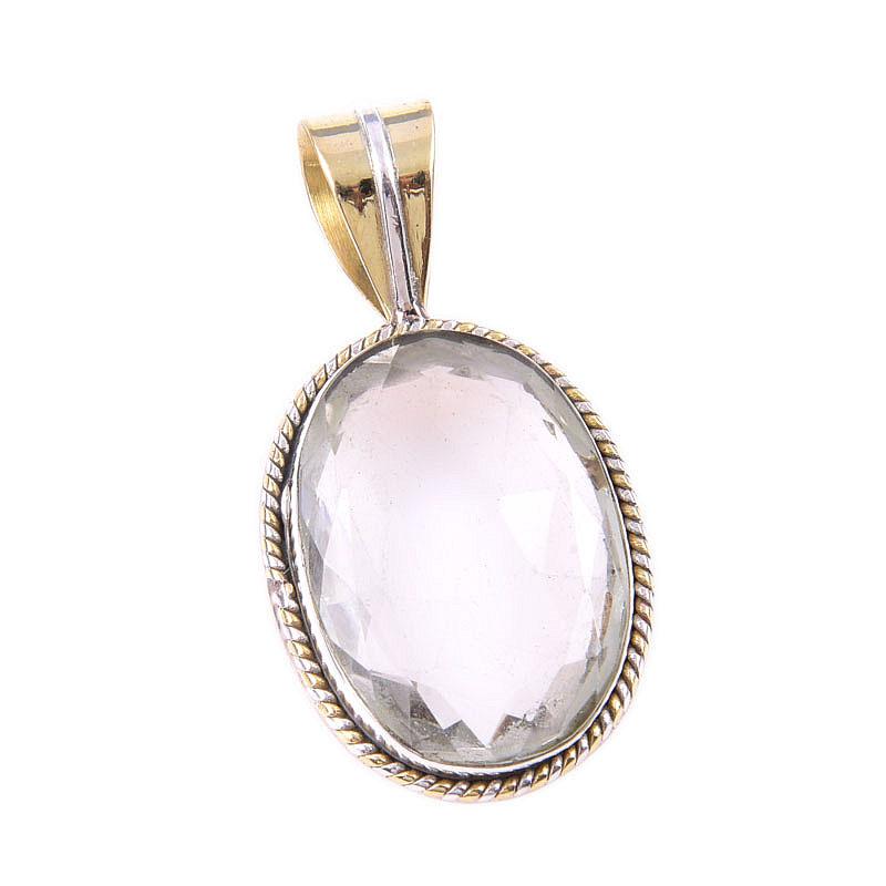 Natural Crystal Quartz Gemstone 925 Solid Silver Two Tone Pendant 1.25'' P2k90