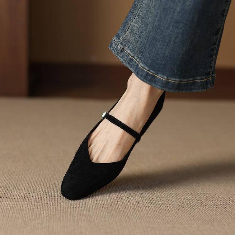 New women's casual single shoes solid color suede low heel cowhide large size women's shoes pointed four seasons wear leather lazy shoes
