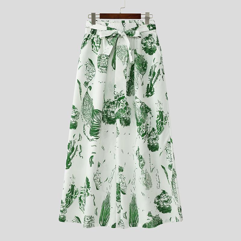 

INCERUN Мужской пояс-бант Эластичная талия Цветочный принт Повседневные Праздничные Длинные Брюки с широкими штанинами 4XL абрикосовый