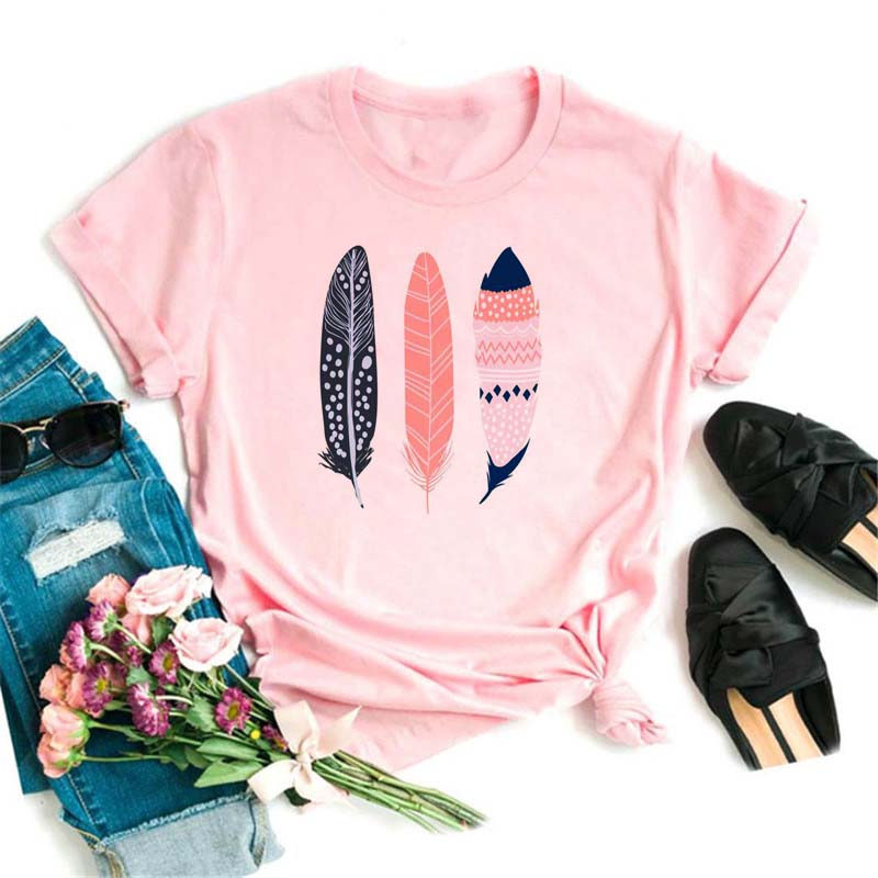 Fashion Women T Shirt Funny Butterfly Feather Print Tshirt T Shirt Summer Short Sleeve Tops Tee Female Feather T-shirts