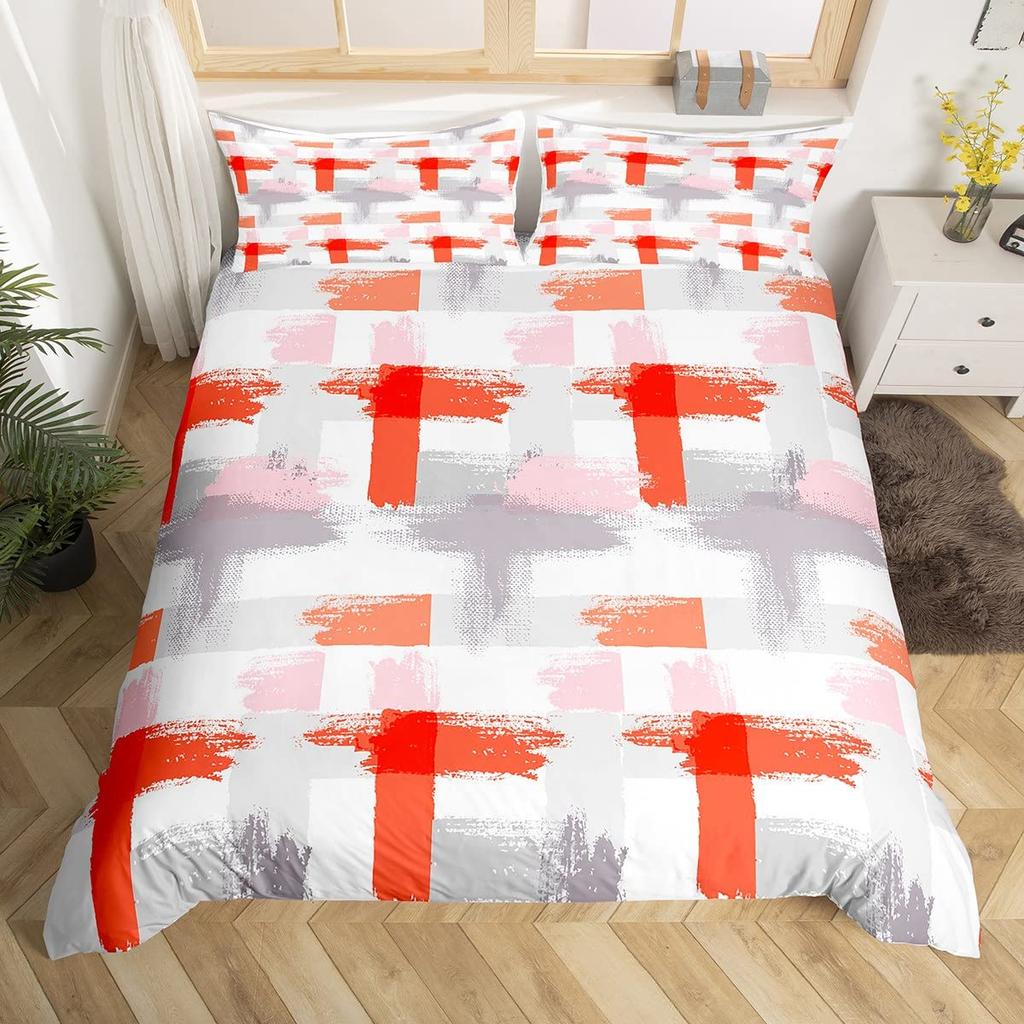 Rött Grått Vitt Randigt King Påslakan Gradient Geometriskt Sängklädesset Modernt Randigt Konst Täcköver Polyester Quiltöverdrag