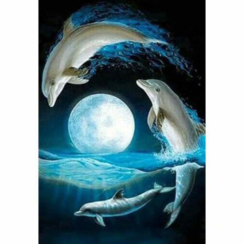 DIY 5D Full Drill Diamantmaling Dolphin Moon Broderi Korssting Mosaikk Hjem Dekor Gave
