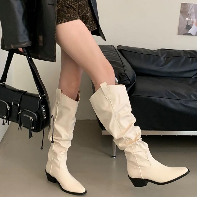 Winter Pointed Toe Women Knee High Boots Thick Heels Stripper Mordern Long Booties Shoes Zapatos De Mujer