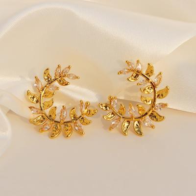 Plant Series Three-Dimensional Abstract Branch And Leaf Stud Earrings Women'S Light Luxury Temperament Inlaid Zircon Wheat Earrings Commuter Earrings