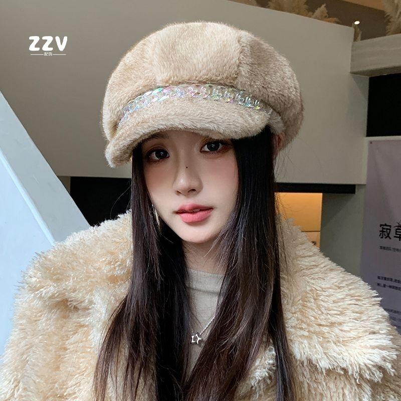 

Берет из искусственного меха норки с цветной цепочкой, женский, осенне-зимний, повседневный, модный, большой окружности головы, восьмиугольная шляпа, универсальная кепка-ньюсбой One Size