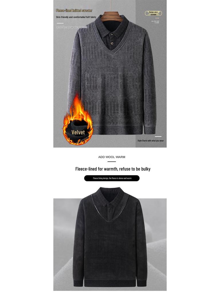 Dad's Winter Warm Chenille Knitwear: Men's Fleece-Lined Two-Piece Sweater with Thick Shirt Collar for Autumn/Winter.