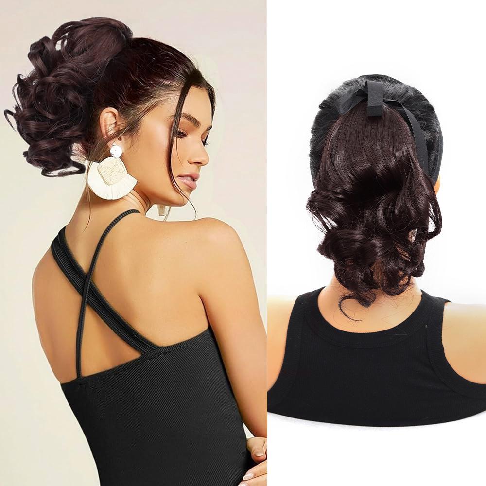 Weibliche unsichtbare natürliche mittellange lockige Birnenblütenflechtfrisur tiefer Pferdeschwanz Perücke