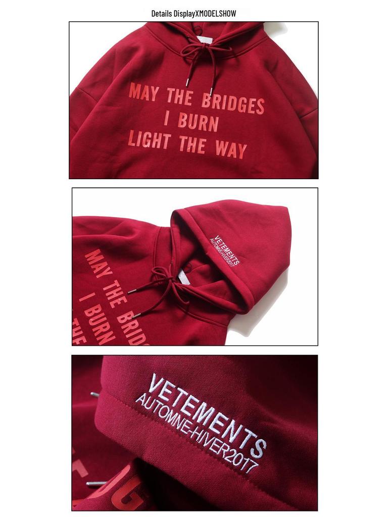 Chen Weiting Wine Red Fleece-Lined Cotton Hoodie with Letter Print