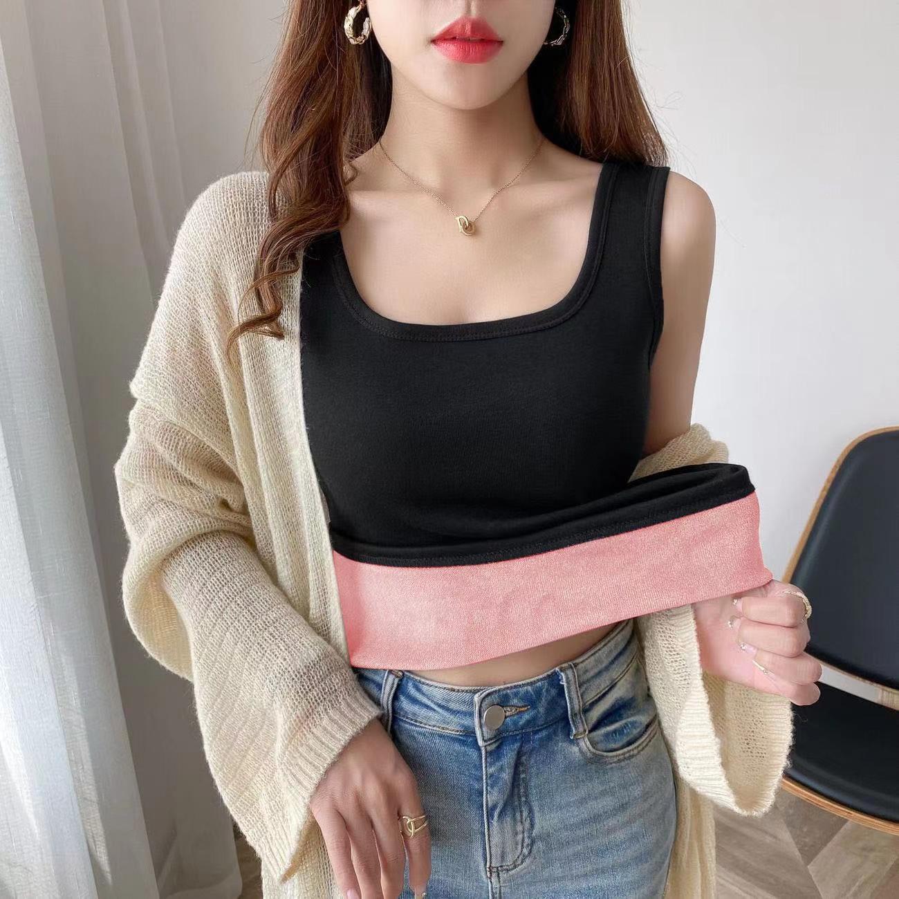 Autumn and winter warm sling vest women s velvet thickened round neck slim-fitting inner cover super warm top women s bottoming shirt M