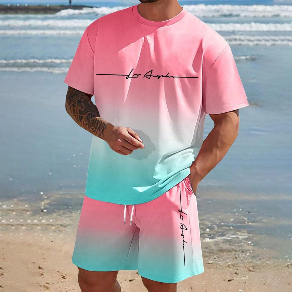 Men'S Solid Color Casual Round Neck Short Sleeved Shorts Two-Piece Set
