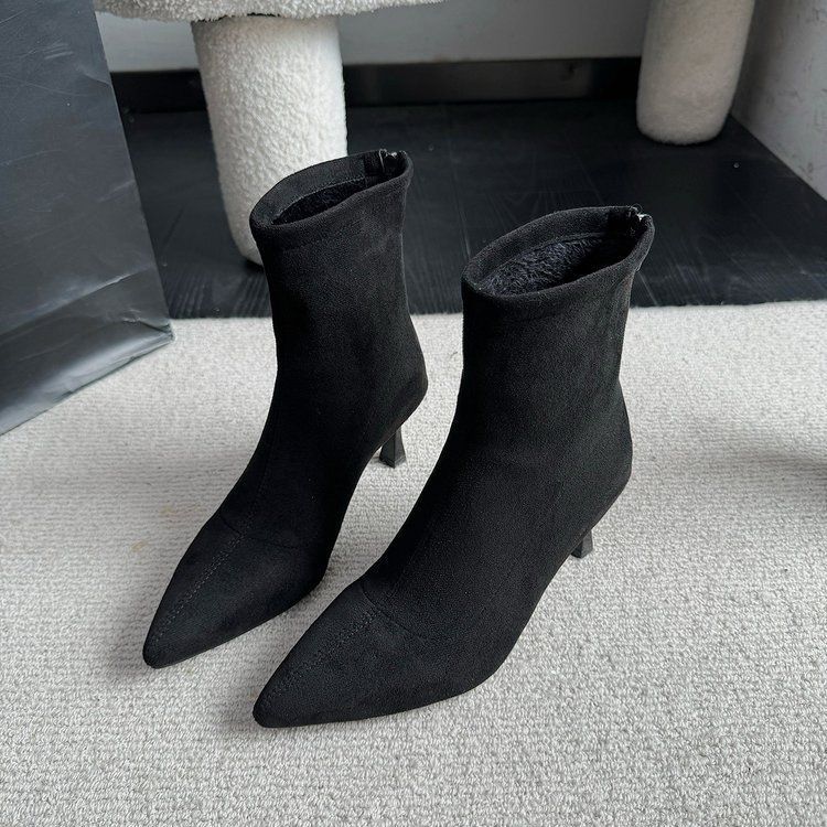Stiletto Boots Black European and American Fashion Thin Boots Pointed Suede Retro High-heeled Elastic Socks High Sense