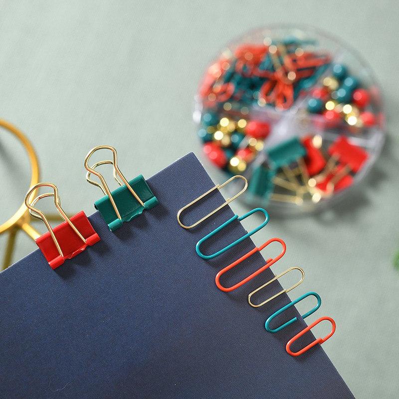 Festive Stationery Set: Christmas Paper Clips, Long Tail Clips, Thumb Tacks in 4-Grid Box - Red, Green & Gold Cultural Binding Gifts