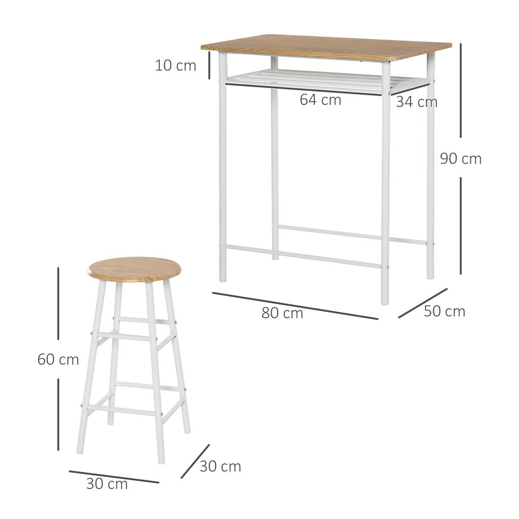 Set Tavolo Alto da Bar, Tavolo Alto da Bar con 2 Sgabelli da Bar, Set da Pranzo, Tavolo da Cucina con Mensola Portaoggetti, Tavolo da Pranzo per Sala da Pranzo, Cucina, Bianco
