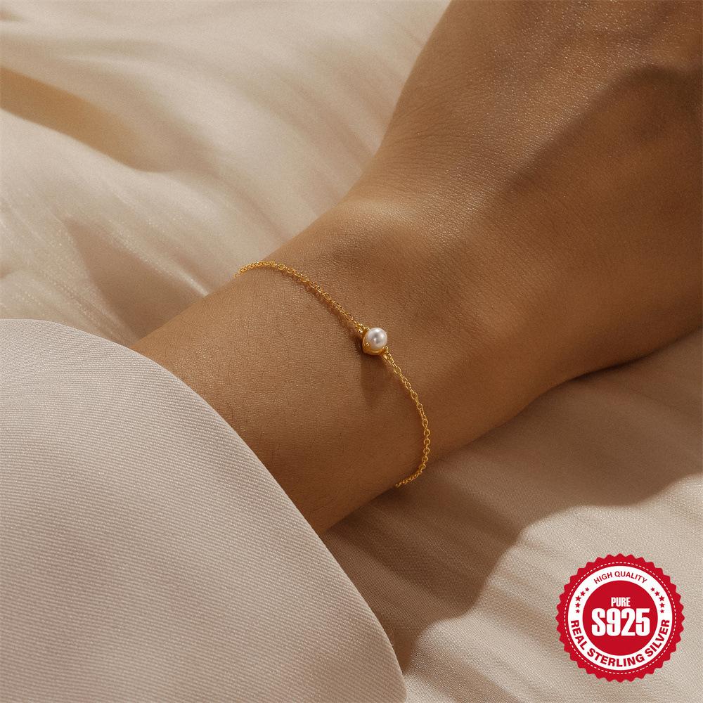 Fashion S925 Sterling Silver Simple Classic Daily Wear Bead Pearl Women Bracelet