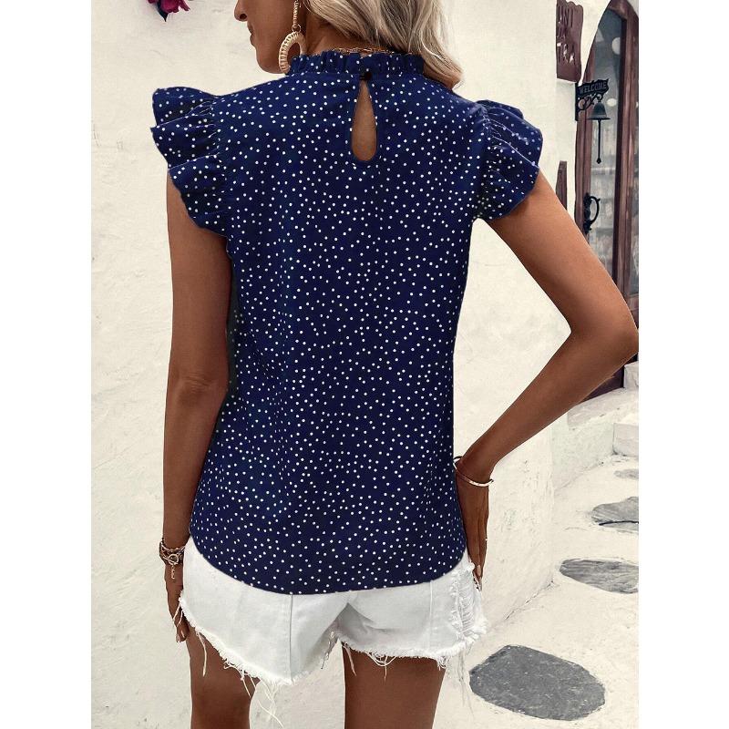 Moda damă ocazional vară primăvară cu buline imprimeu cu mânecă scurtă cu decolteu O bluze și cămăși