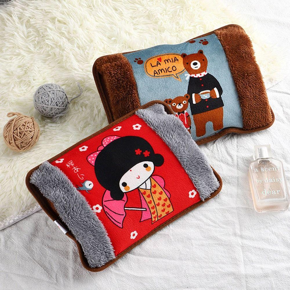 Flannelette Electric Hot Water Bottle EU Plug Cartoon Pattern Winter Heated Bag Explosion-Proof Random Color