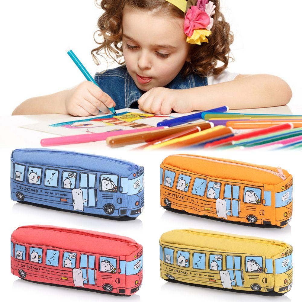 Kawaii Large Capacity Cartoon Animal Pencil Bag Pencil Case School Bus Shape Canvas Pen Bag