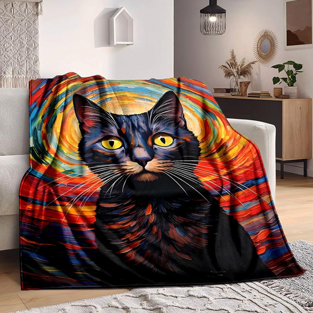 

1pc Colorful Cat Art Soft & Warm Polyester Knit Blanket, Digital Printed, All-Season Throw for Napping, Traveling, Sofa yy250906020 75x90cm