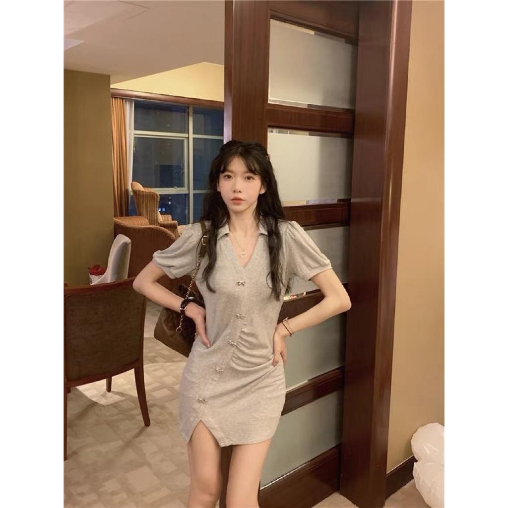 Puff sleeve dress for women, summer pure desire hot girl polo collar skirt, new tight hip-hugging slit short skirt