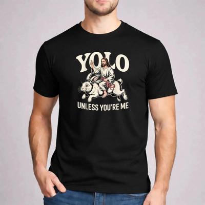 Funny Christian T Shirt Jesus Riding Rabbit YOLO Black Men Youth Kids Casual Designer Clothes