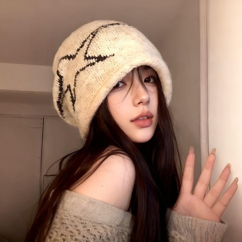 Korean Retro Pentagram Pulling Craft Beanies for Women Autumn Winter Fashion Warm Ear Protection Versatile Casual Pullover Hat