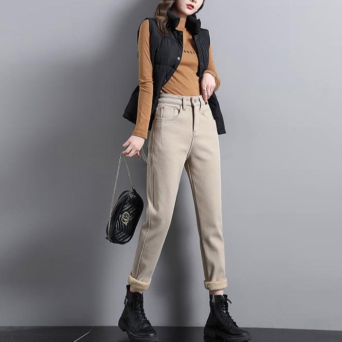Women's Fleece-Lined Jeans High-Waist Slim Plus Velvet Harem Jeans Autumn and Winter Stretch Skinny Jeans