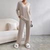 Autumn Winter Women's Two Piece Set V-Neck Ribbed Two-Piece Casual Set: Loose Top & Straight-Leg Pants