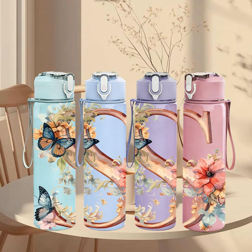 1PC Floral Letter S Soft Vintage Flower Art 750ml Color Plastic Sports Water Bottle Leakproof Flip Straw Lid Suitable for Sports Office Home Use