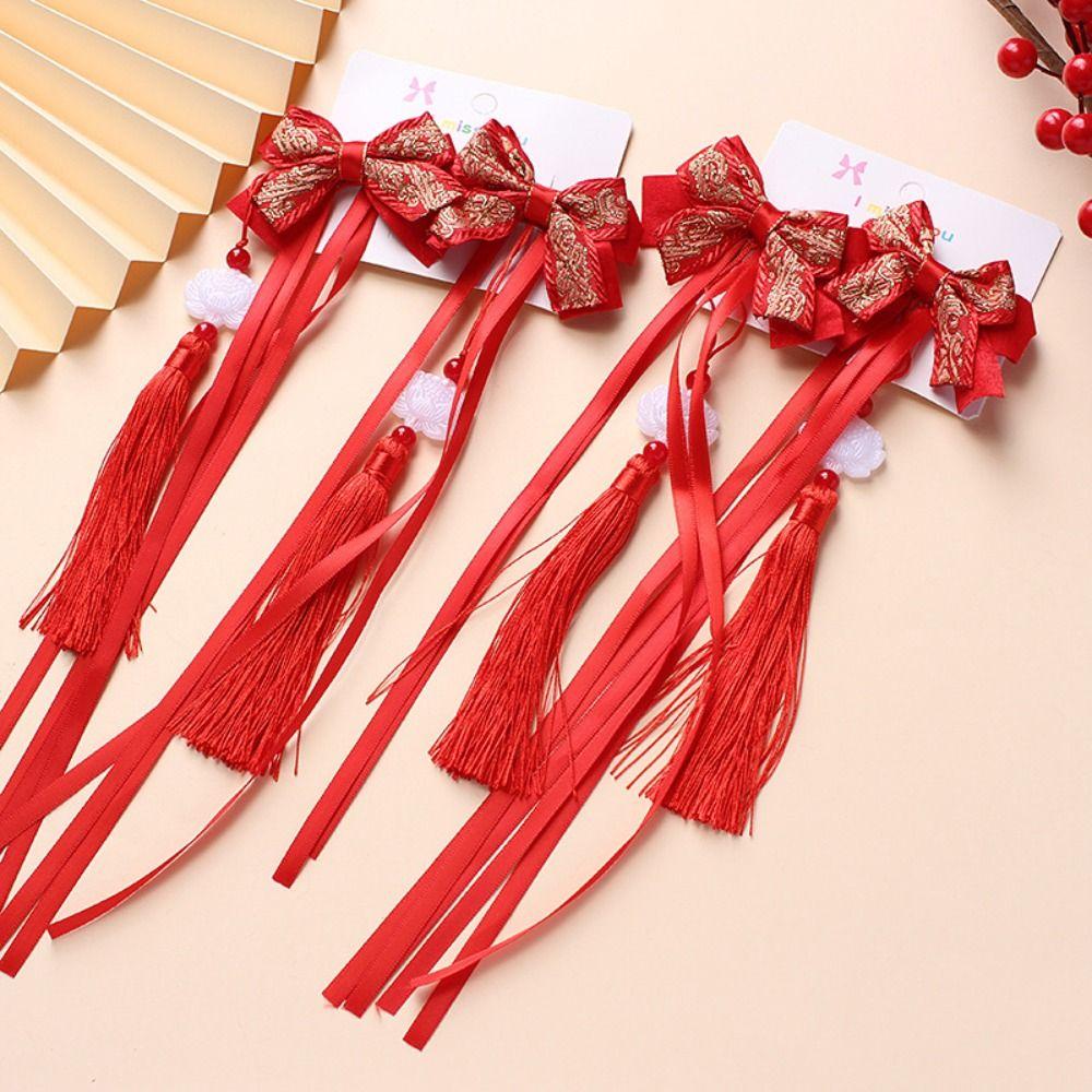 2pcs Chinese Style Baby Wig Hairpin Curly Red Bowknot Hairclip Children's Bow Wig  New Year Festive