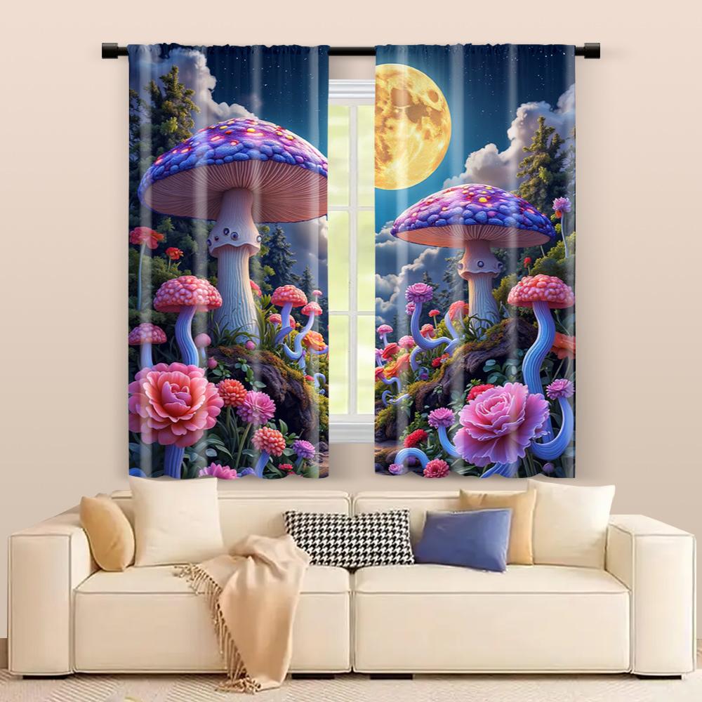 2 Pcs   Filtering Curtains (excluding Rods   Non-movable   Without Batteries) Colorful Mushroom for Use In Bedrooms and Living