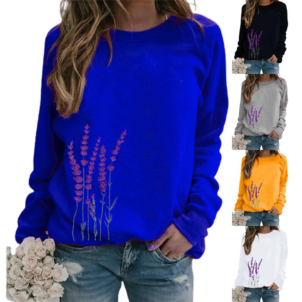 Women Sweatshirt Floral Print O Neck Loose Warm Lady Blouse for Daily Wear
