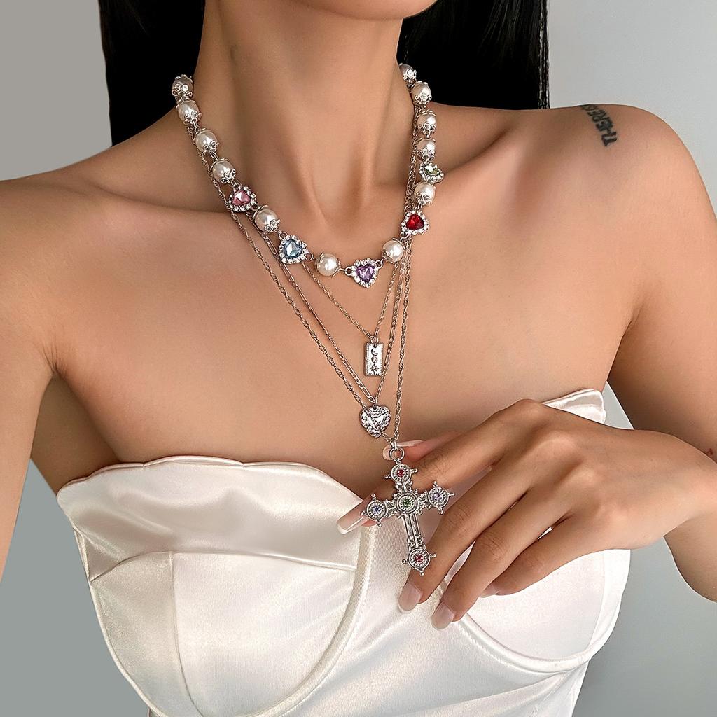 Sweet Cool Style Cross Alloy Pendant Chain Diamonds Pearls Beads Tassel Necklace