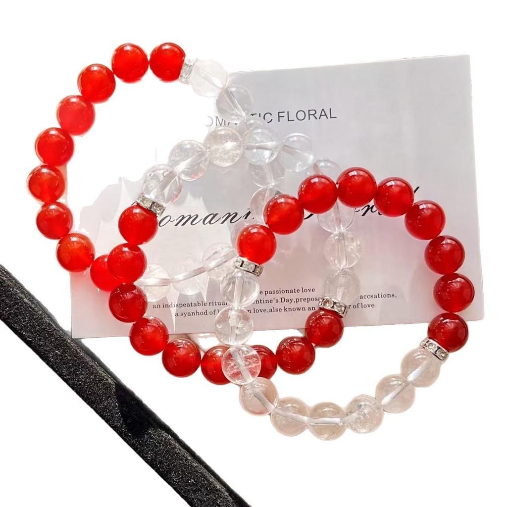 10Mm National Style Retro High Quality New Year'S Red Pigeon Blood Red Natural Chalcedony Agate White Crystal Bracelet