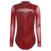 Women Mock Turtleneck Long Sleeve See-through Sparkly Rhinestone Leotards Gymnastics Performance Outfits