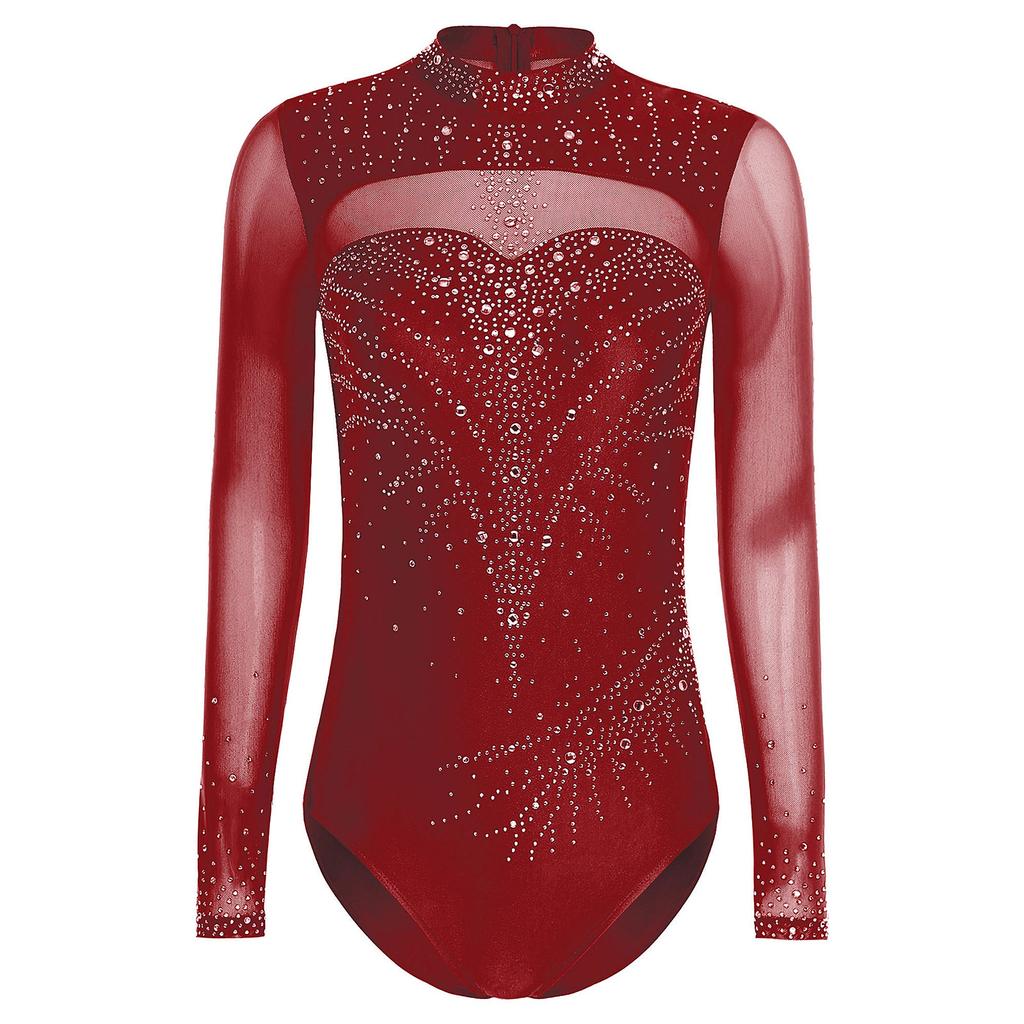 Women Mock Turtleneck Long Sleeve See-through Sparkly Rhinestone Leotards Gymnastics Performance Outfits