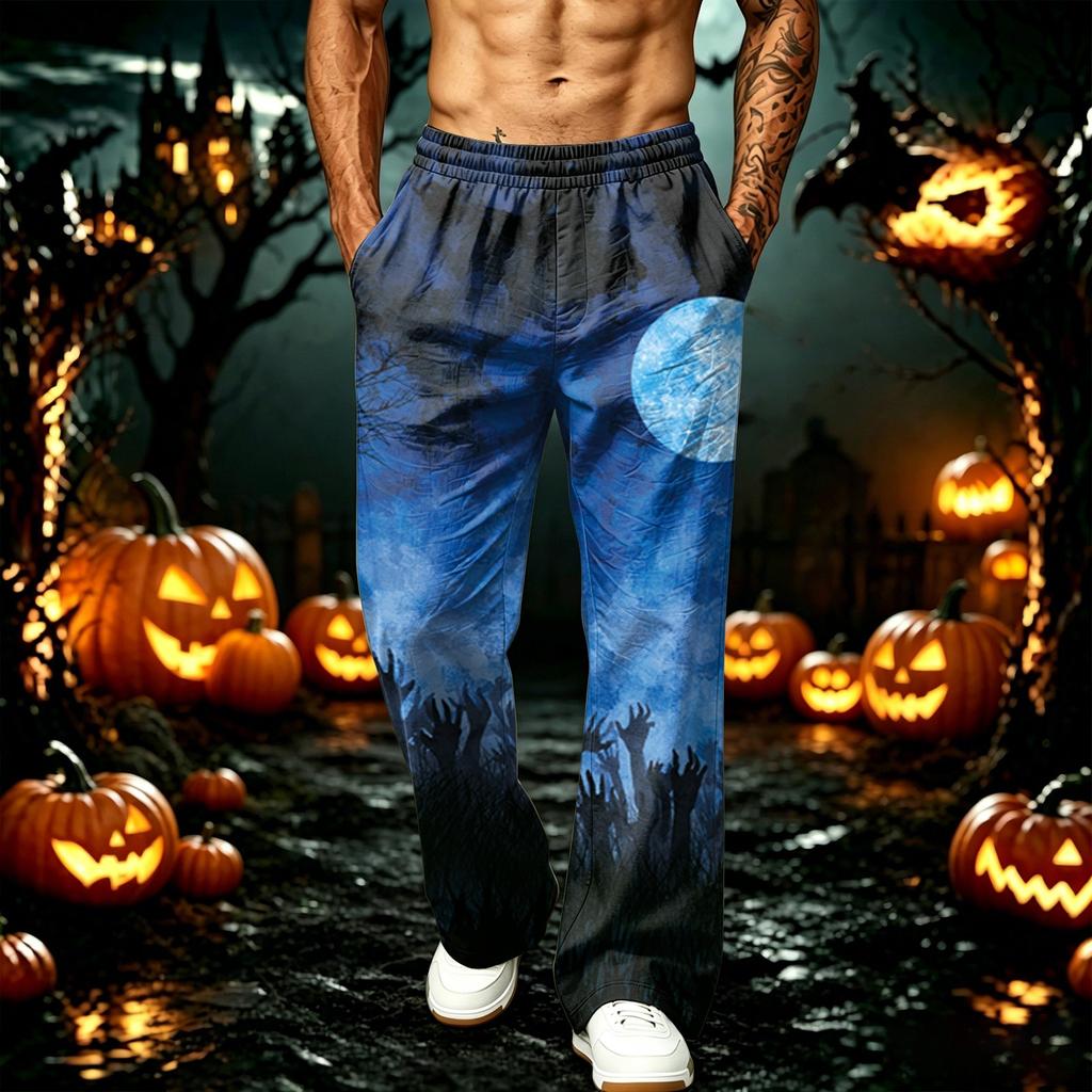 Herren Locker geschnittene Jogginghose mit Taschen Halloween-Print Schweißhose für Freizeit und Training