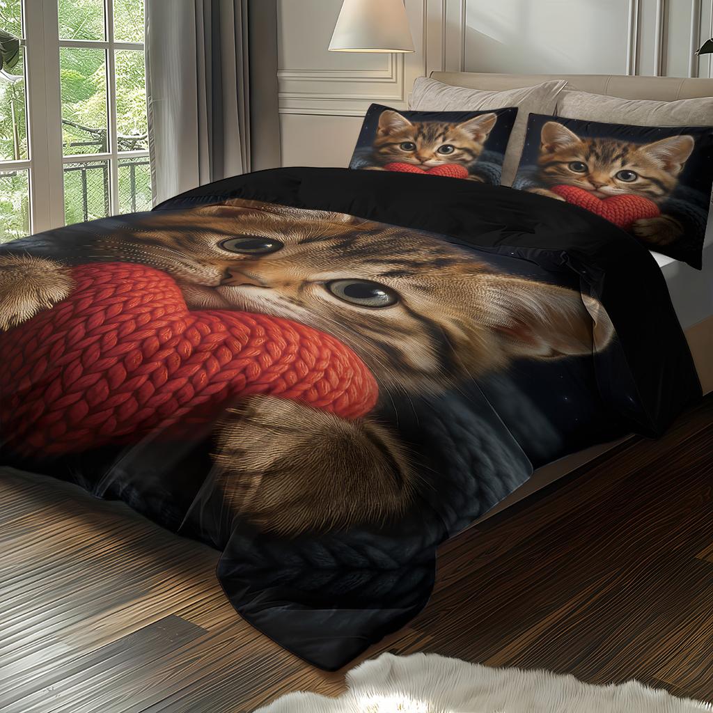 3pcs Cute Cartoon Kitten Printed Duvet Cover Set 1 Duvet Cover+2 Pillowcases Coreless Soft and Comfortable Machine Washable