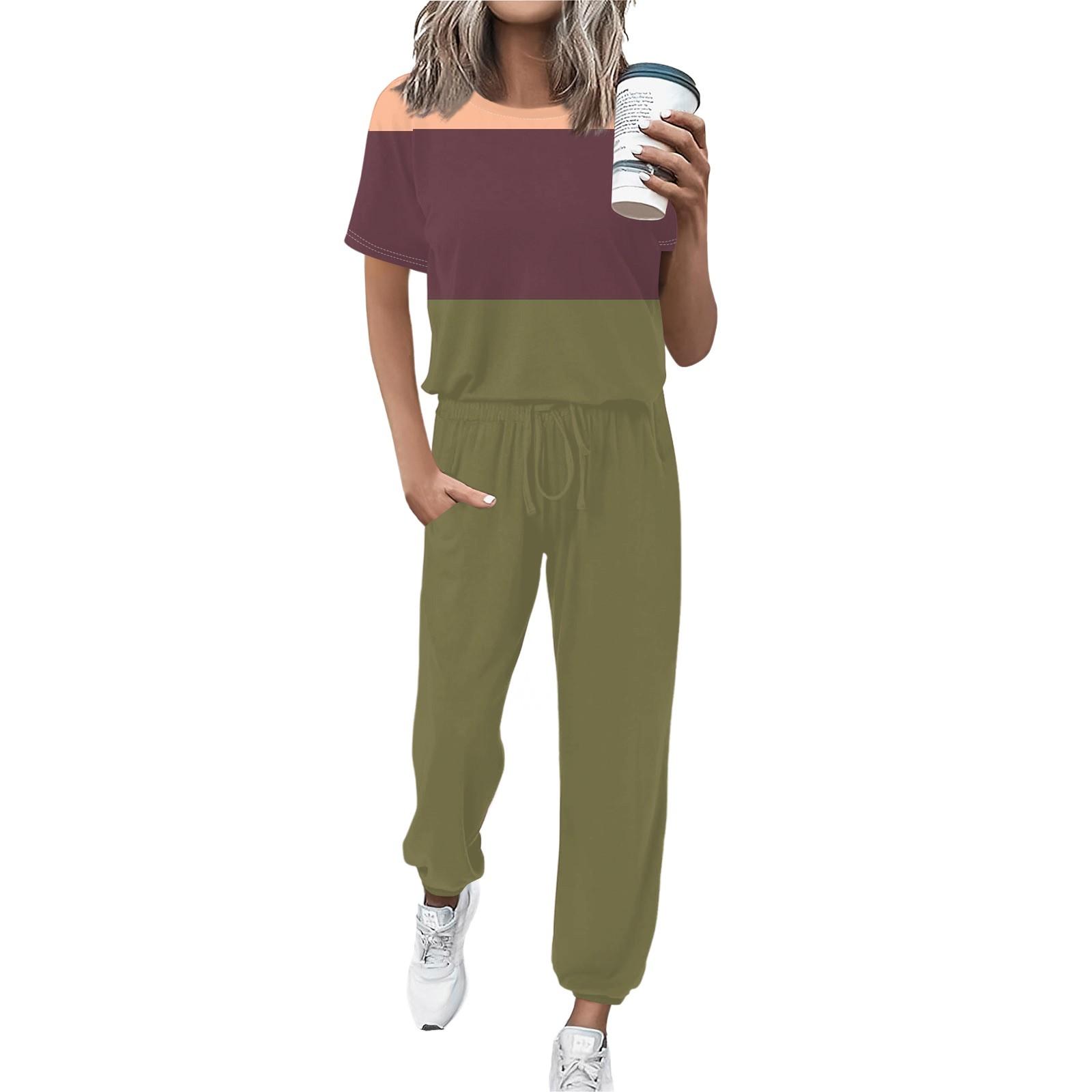 

Женский спортивный костюм с круглым вырезом и коротким рукавом, свободные брюки XL армия зеленый