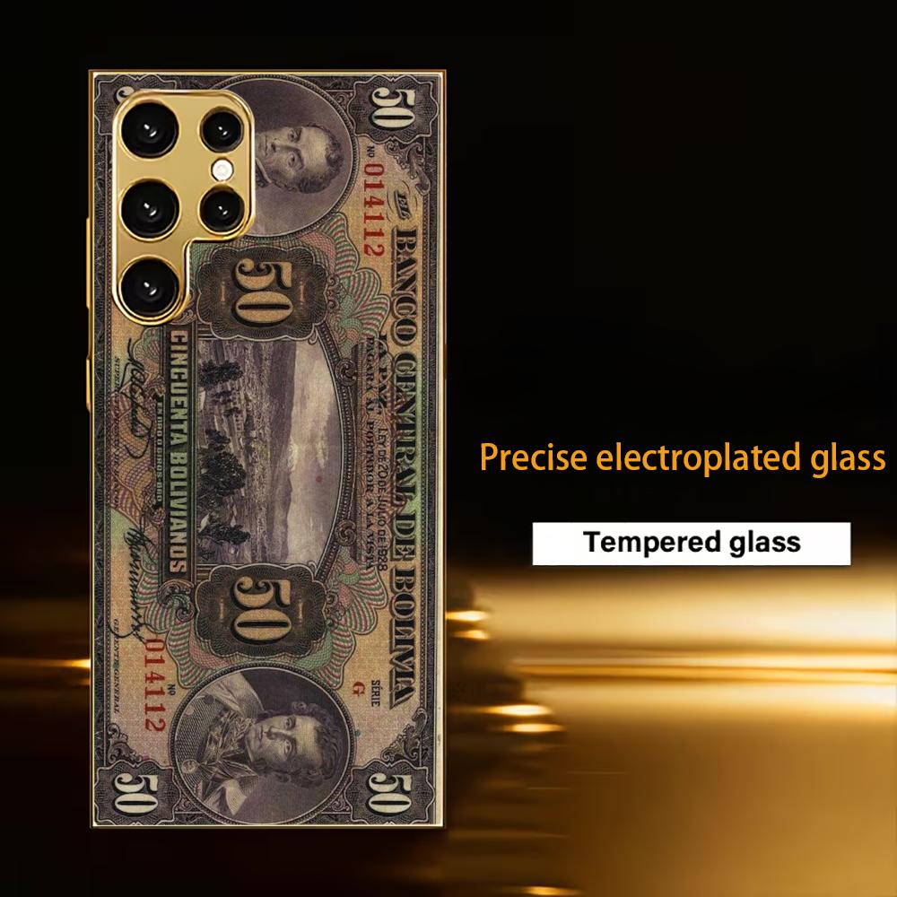 Banknote Atmosphere Simplicity High-end Electroplating Glass PhoneCase for Samsung Galaxy S26 S25 S24 S23 S22 S21 FE,Ultra,Plus