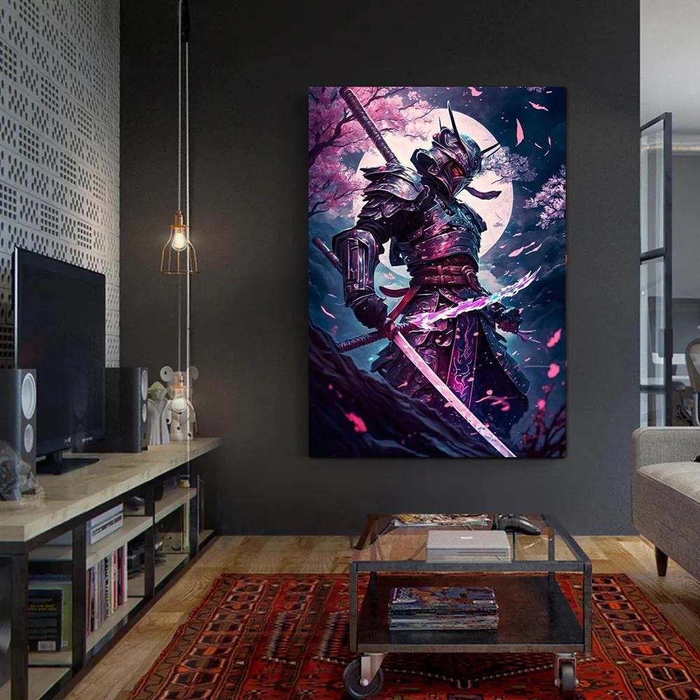 Japanese Anime Samurai Sakura Warrior Figures at Sunset Art Painting Wall Canvas Posters Prints for Room Home Decor Frameless