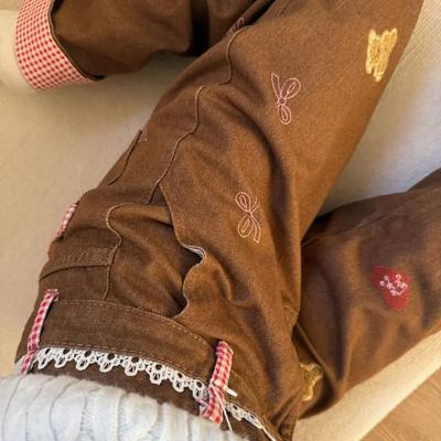 Cute Brown Bear Patch Designs Jeans Autumn Chic Embroidery Women's Clothing Plaid Lace Spliced Denim Casual Wide Leg Trousers
