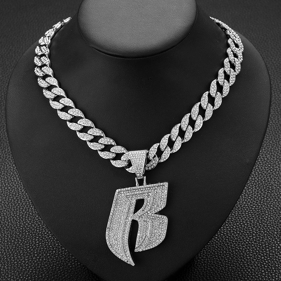 Men's Hip-Hop Punk Style Diamond Letter B Pendant with 15mm Cuban Chain Necklace