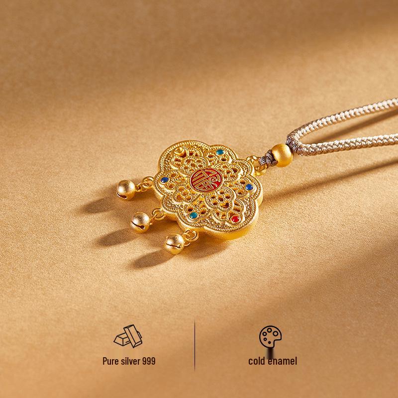 Sterling Silver Openwork Flower & Auspicious Cloud Pendant Necklace for Women - High-End New Chinese Style.