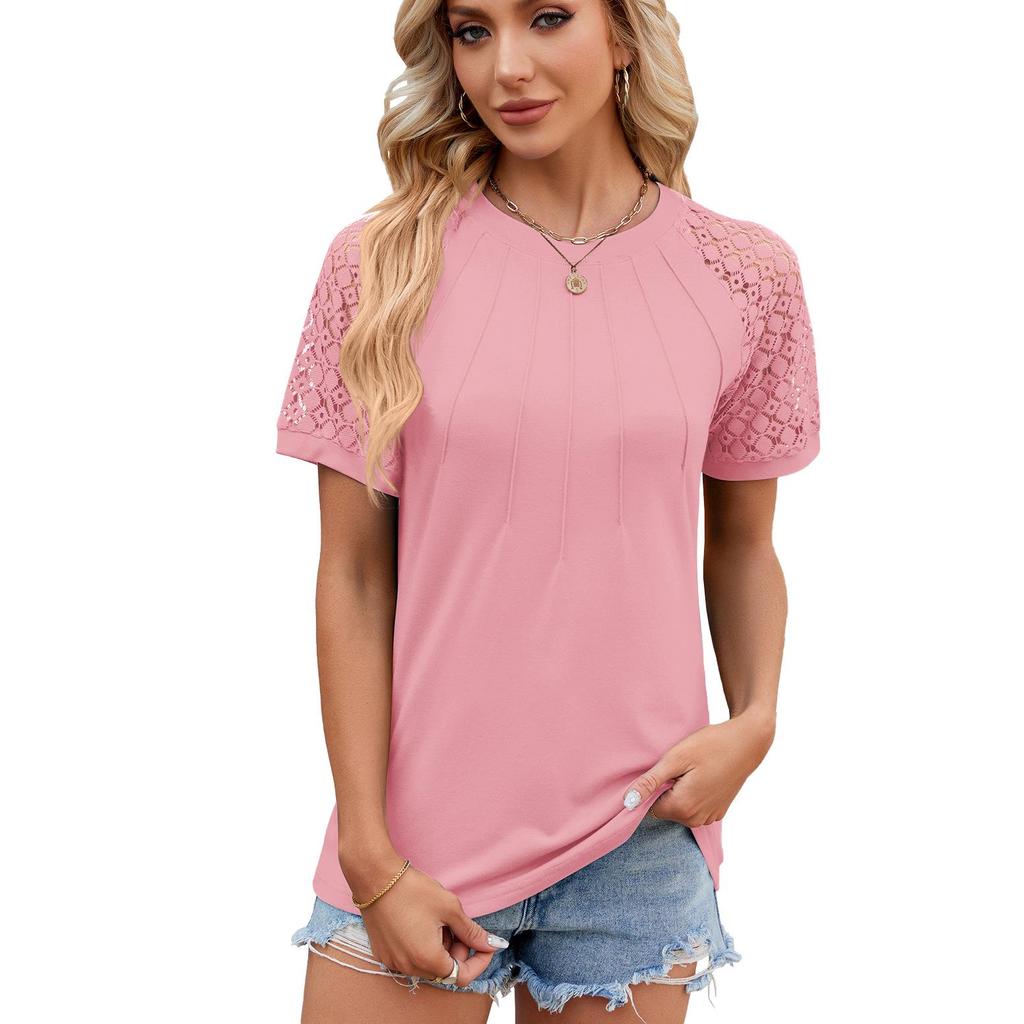 2024 Spring/Summer Women's Solid Color Lace-Trimmed Short-Sleeve T-Shirt