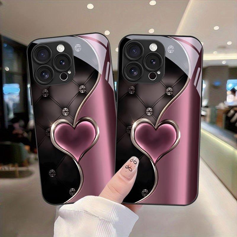 Pink Love Heart Pattern Tempered Glass Black Phone Case For Samsung Galaxy S26 S25 S24 S23 Ultra Plus FE Shockproof Cover