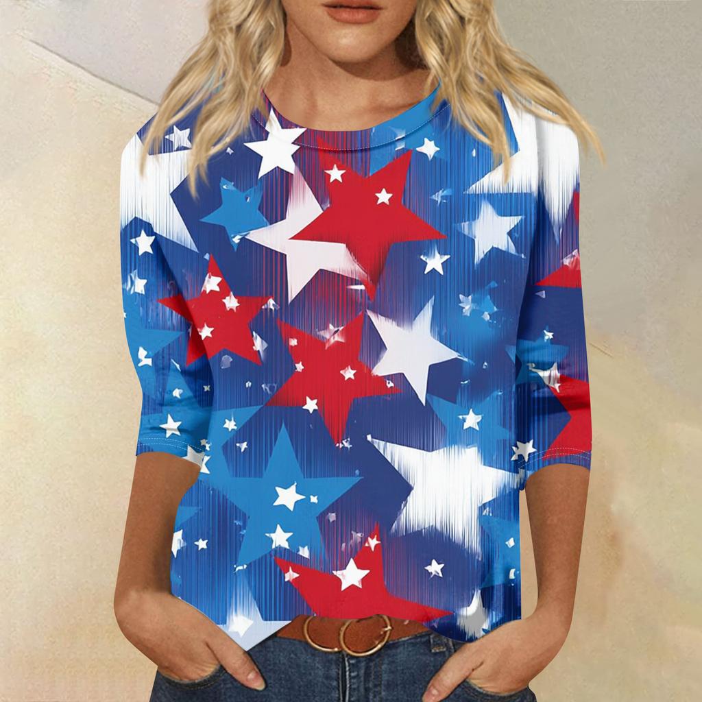 Women's Fashion Casual Seven-Sleeve Independence Day Print Round Neck Top
