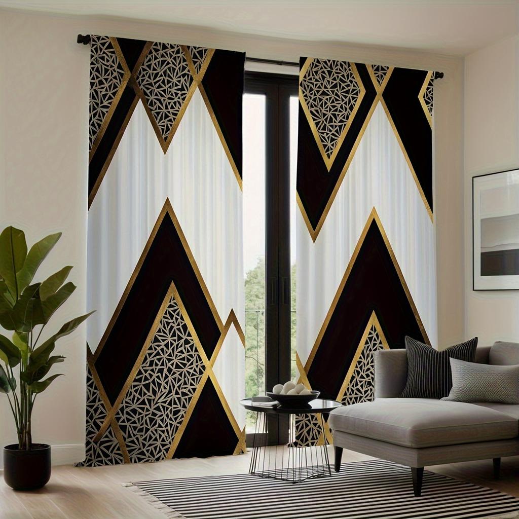 Black Gold Geometric Curtains Hd Print Polyester Pocket Rod Living Room Bedroom Curtain Light Filtering For Area Made Of Machine Washable