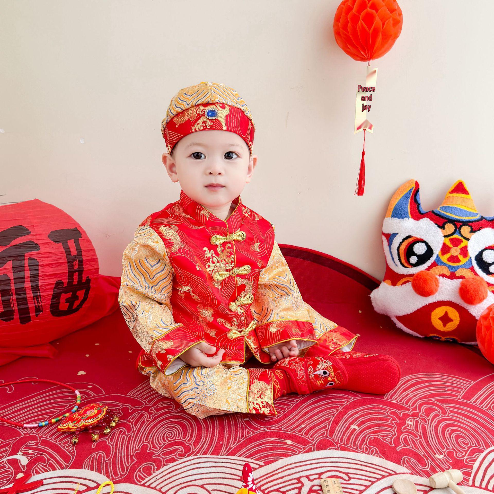 

Boys Spring and Autumn Hanfu: Retro Chinese Tang Suit for First Birthday - Kids Ethnic Costume Set 73cm