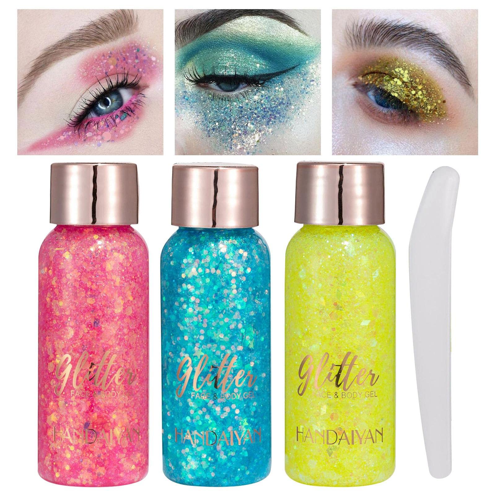 

Body Glitter Gel Waterproof Glitter Gel Makeup Set Body Glitter Gel Sequin Glitter Eyeshadow Glitter Body Gel for and Parties Set, Kit, 3-Color Gel,