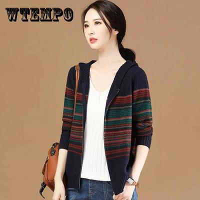Women's Striped Hooded Knitted Cardigan Autumn Long Sleeve Zipper Cardigan Large Size Loose Short Sweater Coat